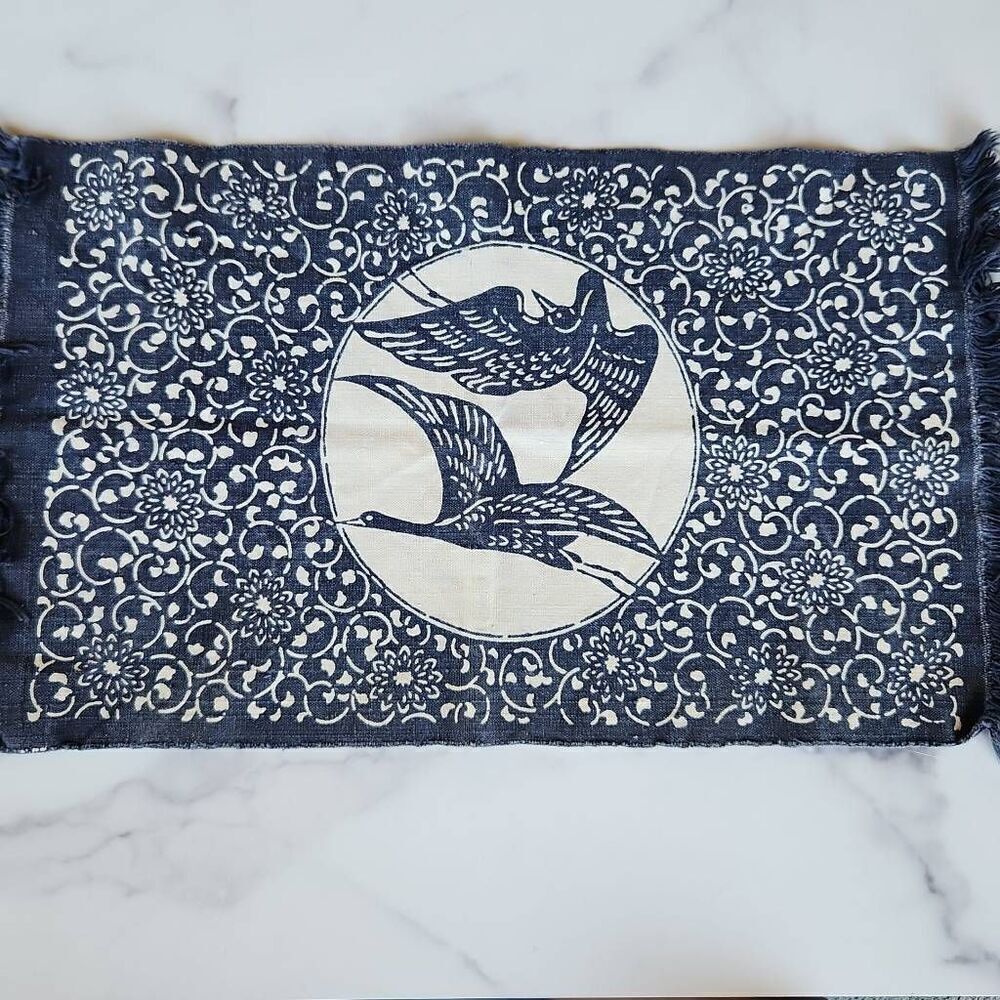 Geese canvas table cloth navy blue cream floral fringe trim bird aviary 1 piece